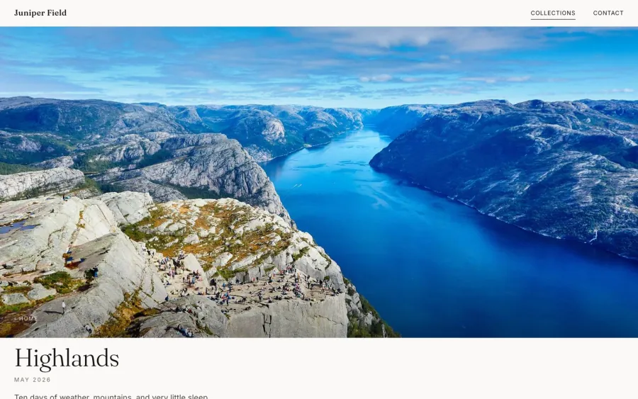 A sample collection page: a fjord cover photo as a banner, the title Highlands, and the first photos of the gallery.