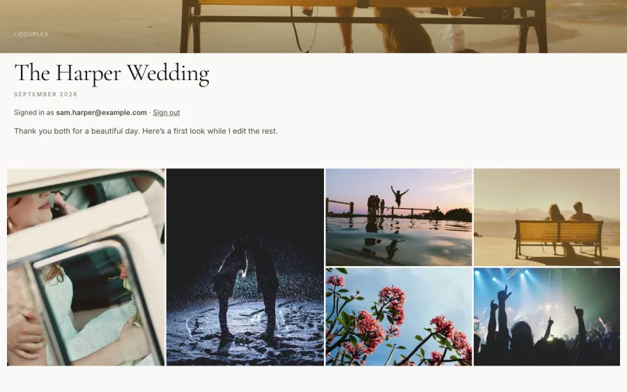 A signed-in client’s private gallery, The Harper Wedding: Signed in as the client’s email, a short note from the photographer, and the wedding photos.