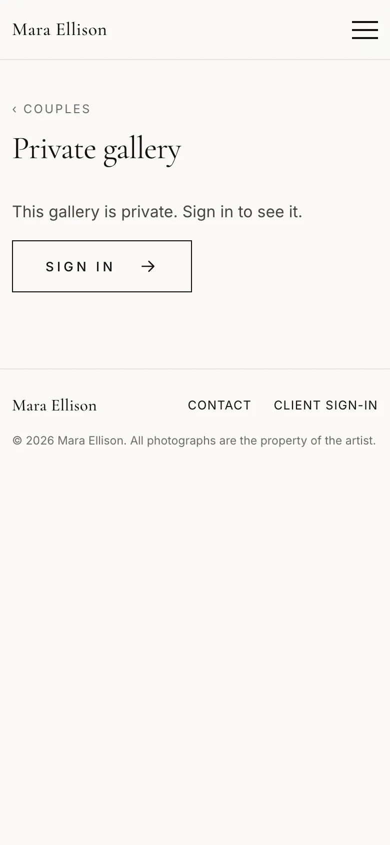A private gallery on a phone before signing in: Private gallery. This gallery is private. Sign in to see it.